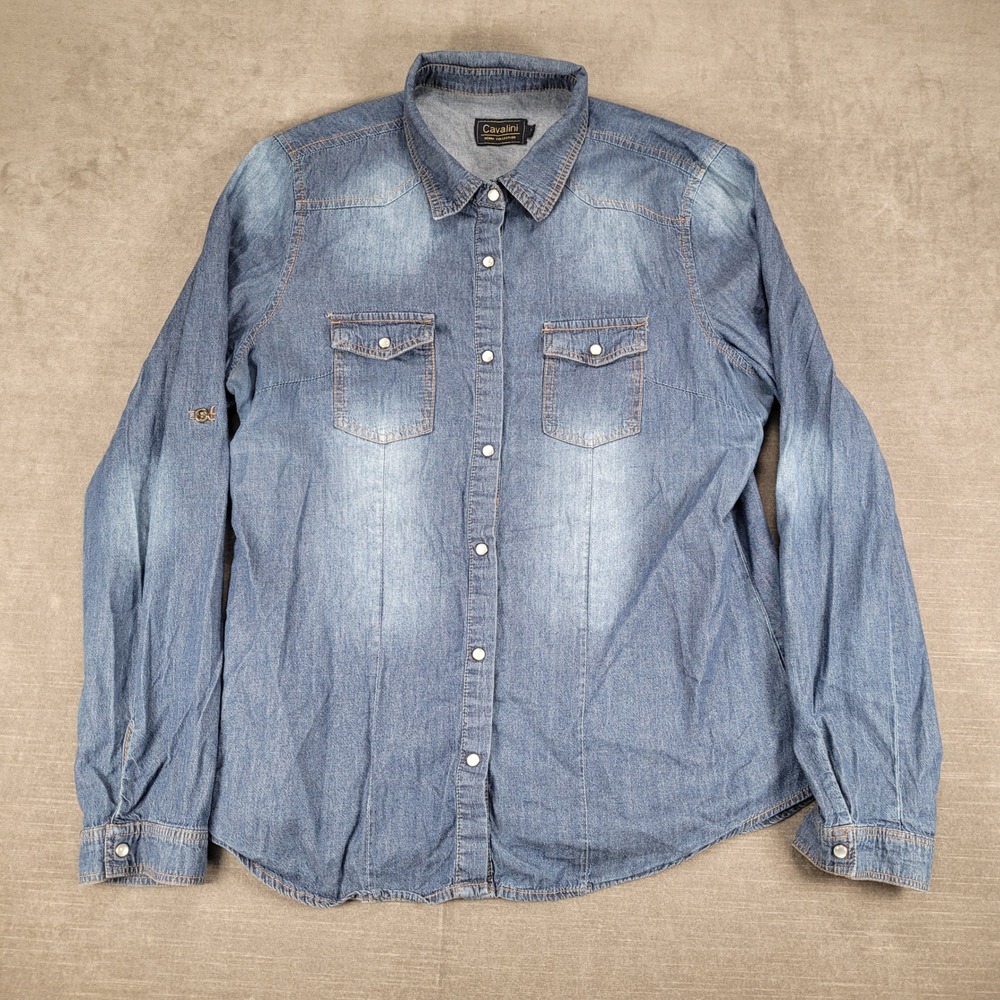 Cavalini Denim Shirt Womens Long Sleeve Pearl Snap Down Casual‎ Top Blue Size Lg